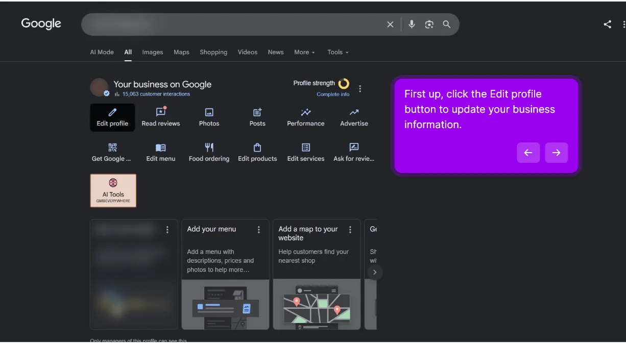 The Your business on Google dashboard in Google Search, with the Edit profile button highlighted next to Read reviews, Photos and Posts