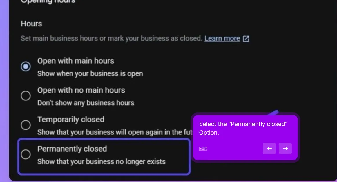 The Hours settings of a Google Business Profile listing Open with main hours, Open with no main hours, Temporarily closed and Permanently closed, with Permanently closed highlighted