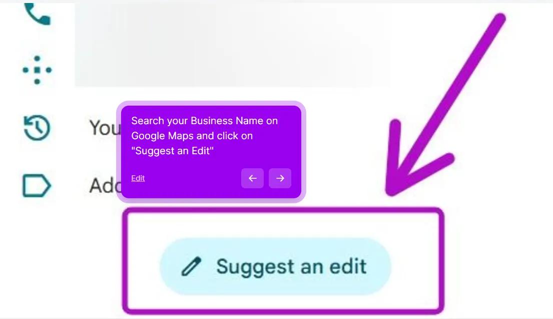 A business listing in Google Maps with the Suggest an edit button highlighted in the side panel
