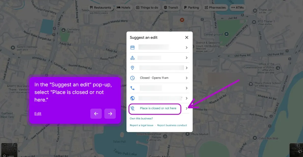 The Suggest an edit pop-up on Google Maps with the Place is closed or not here option highlighted at the bottom of the list