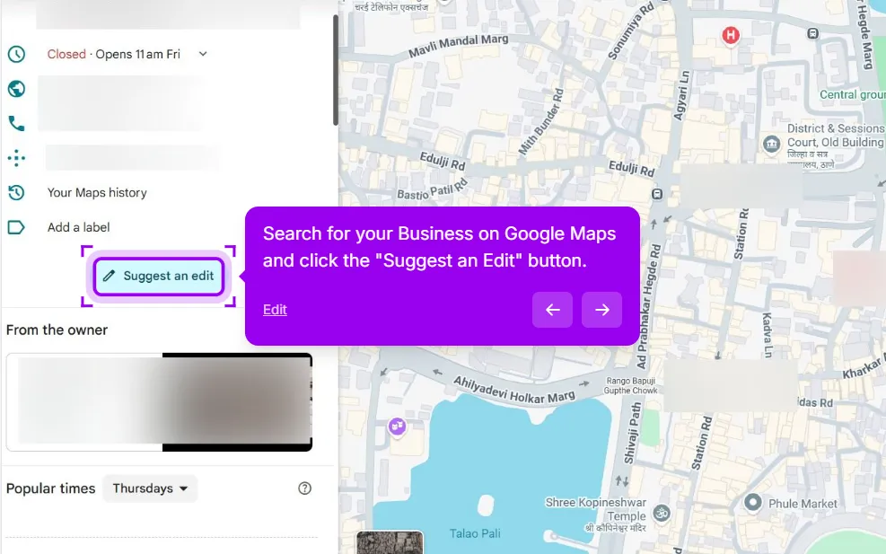 A business listing in Google Maps with the Suggest an edit button highlighted in the side panel