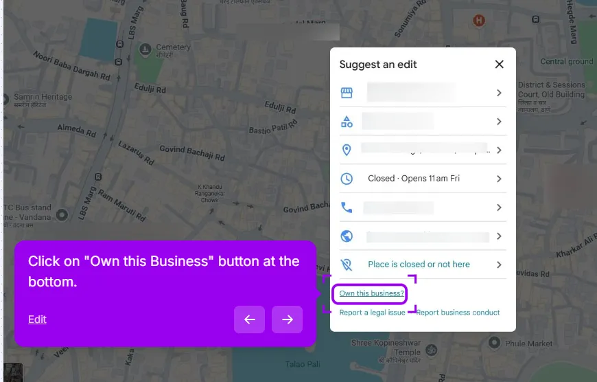 The Suggest an edit pop-up on Google Maps with the Own this business? link highlighted at the bottom
