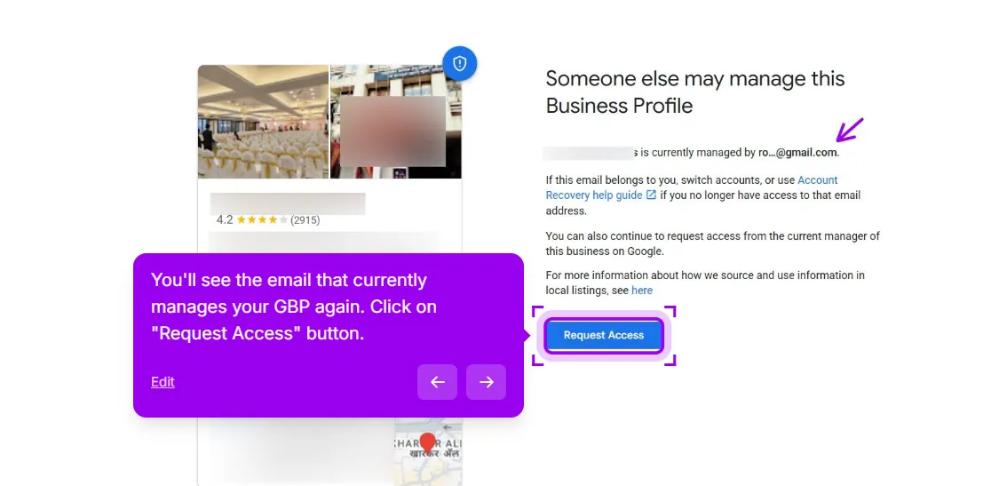Google's Someone else may manage this Business Profile screen reached from Google Maps, with the Request Access button highlighted
