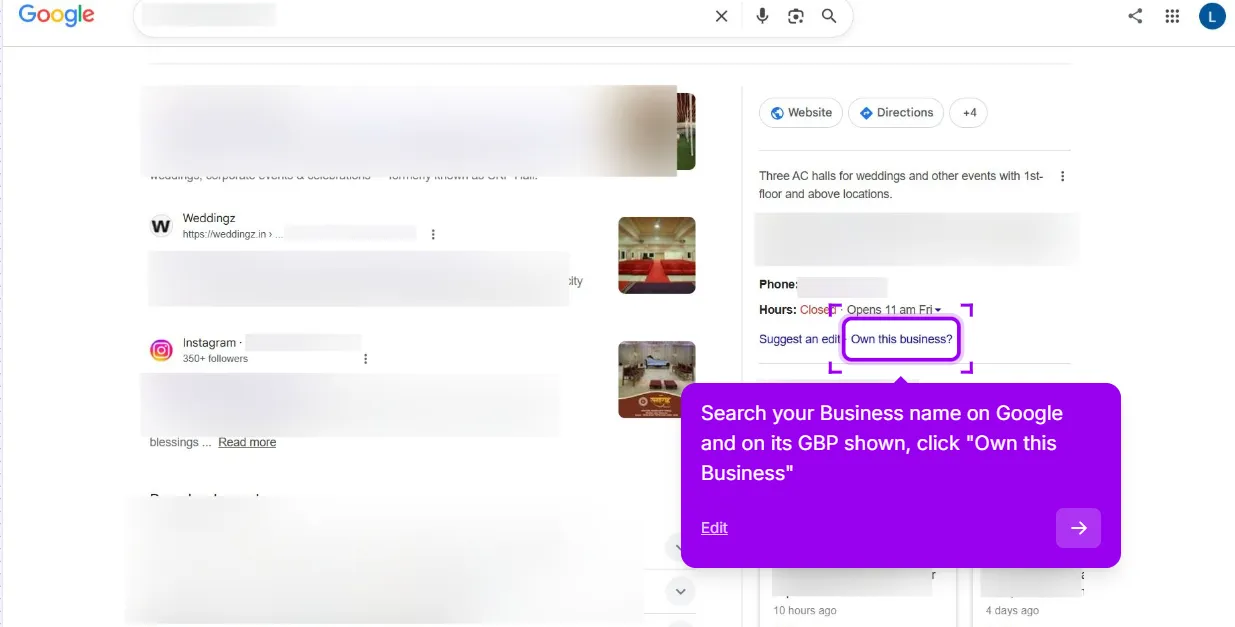 A Google Business Profile knowledge panel in Google Search with the Own this business? link highlighted next to Suggest an edit, below the hours and phone number