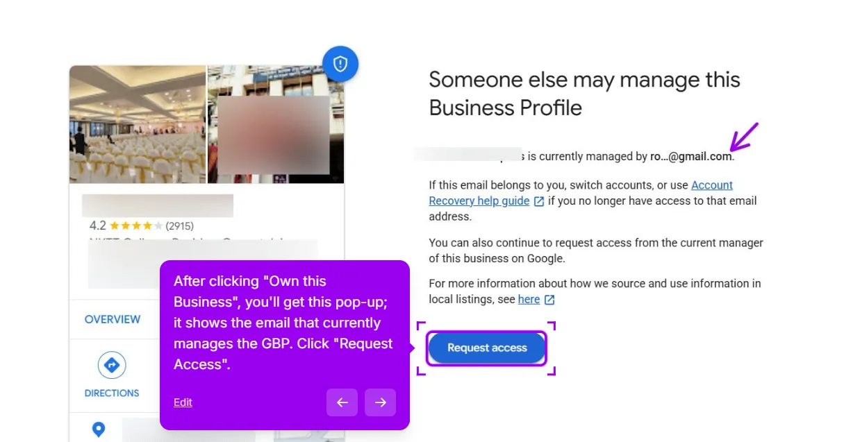 Google's Someone else may manage this Business Profile screen showing the partial email of the current manager and the Request access button highlighted