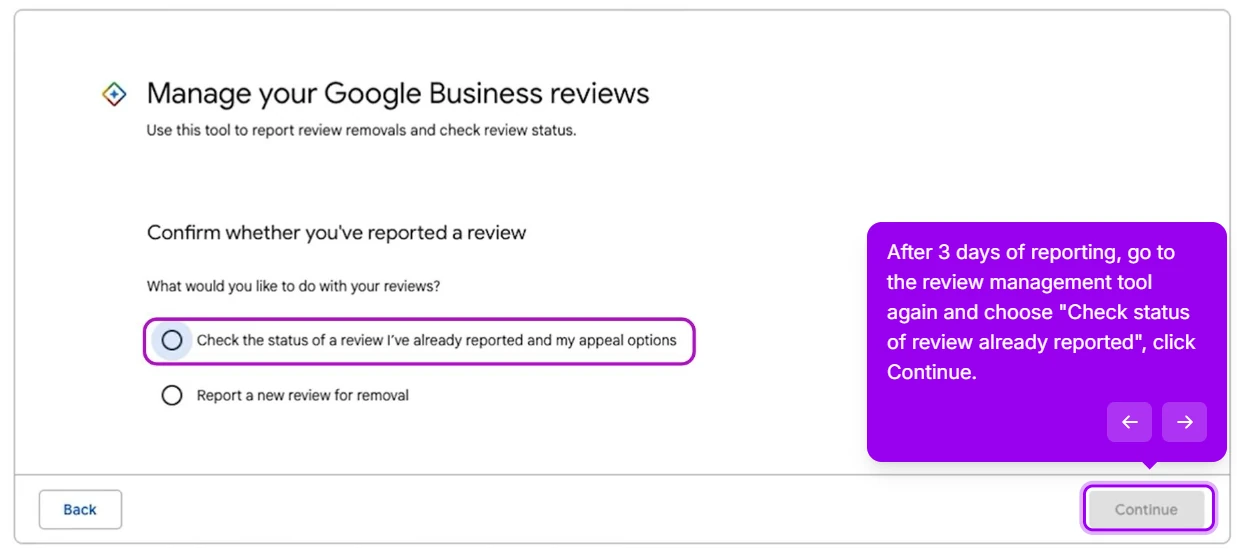 Review Management Tool asking what you would like to do with your reviews, with the option Check the status of a review I've already reported and my appeal options selected