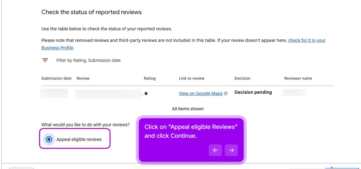 Check the status of reported reviews table showing a review marked Decision pending, with the Appeal eligible reviews option selected below it