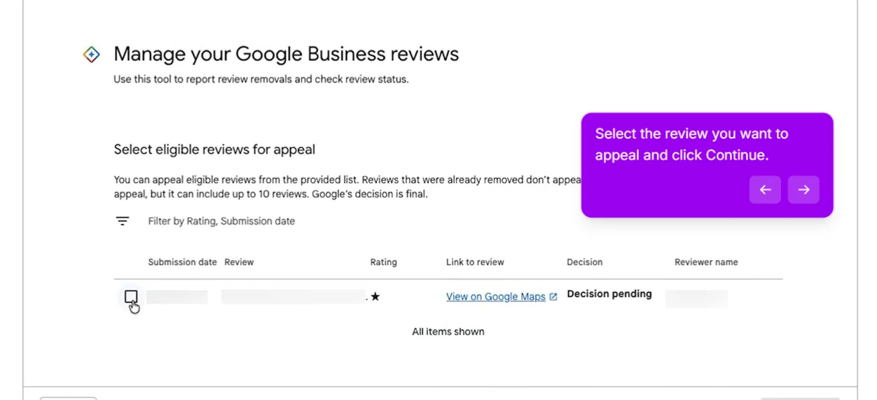 Select eligible reviews for appeal screen with a checkbox next to a review whose decision is pending