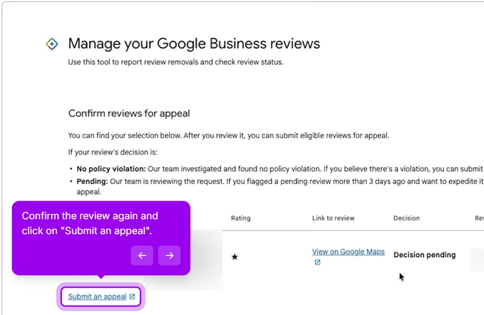 Confirm reviews for appeal screen explaining the No policy violation and Pending decisions, with the Submit an appeal link highlighted