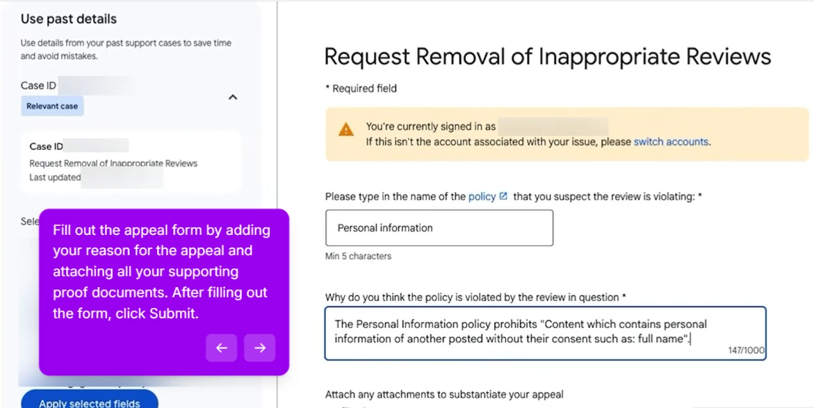 Google's Request Removal of Inappropriate Reviews form with the policy field set to Personal information and a reason quoting the policy text