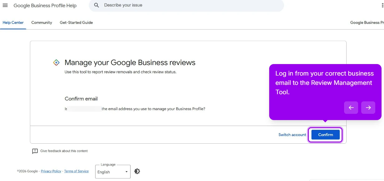 Google's Review Management Tool on the Business Profile Help site, at the Confirm email step, with the Confirm button highlighted