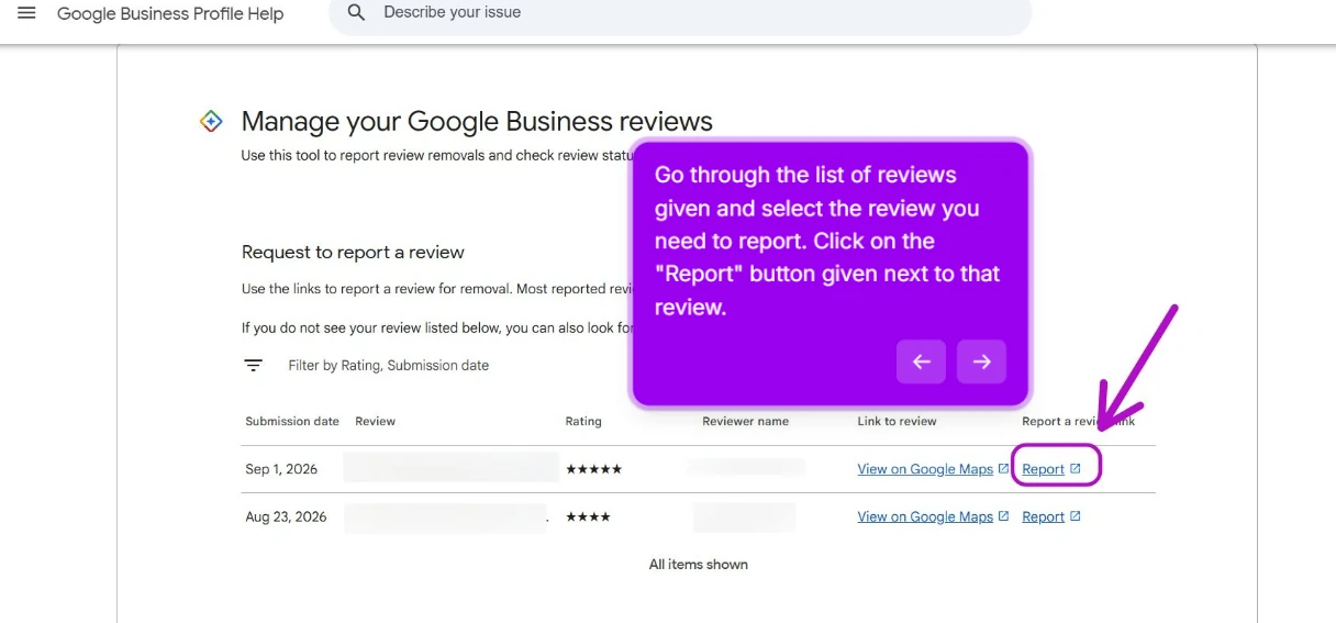 Review Management Tool listing the profile's reviews by date, rating and reviewer, with the Report link next to a review highlighted