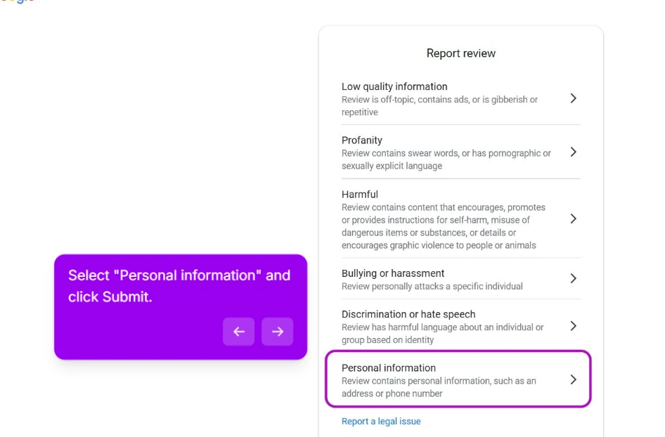 Google's Report review dialog listing reasons such as Low quality information, Profanity, Harmful, Bullying or harassment and Discrimination, with Personal information highlighted