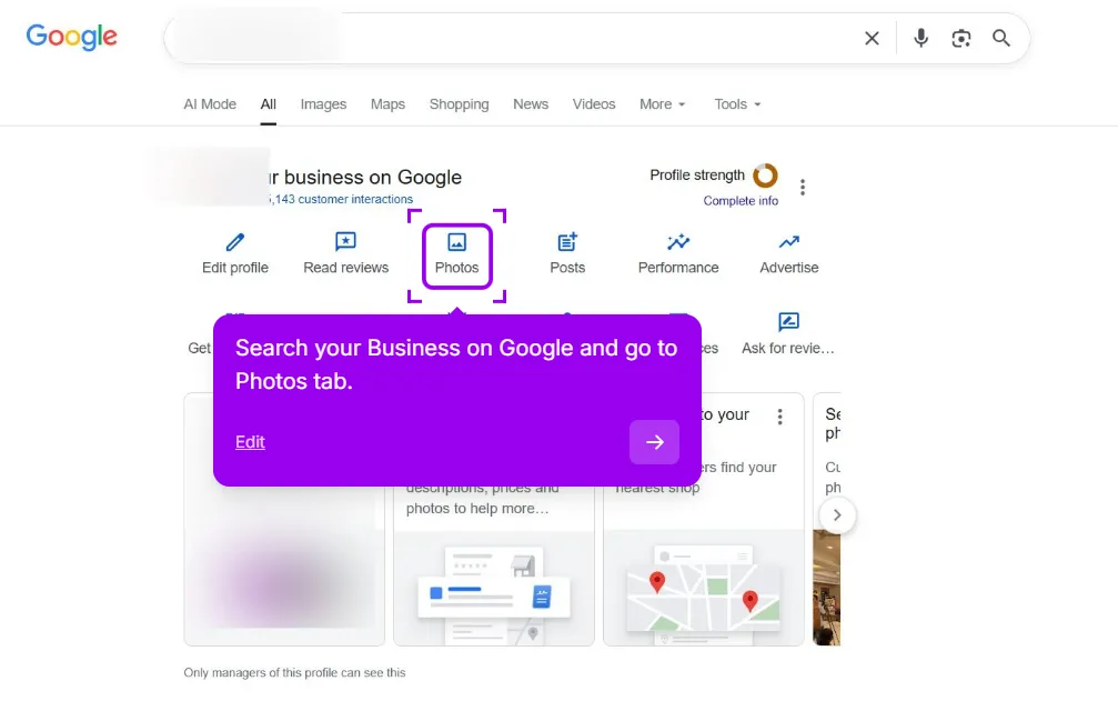 The Your business on Google dashboard in Google Search with the Photos tab highlighted