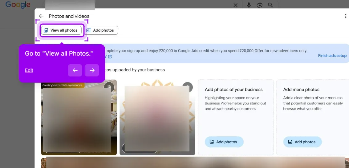 The Photos and videos panel of a Google Business Profile with the View all photos button highlighted next to Add photos