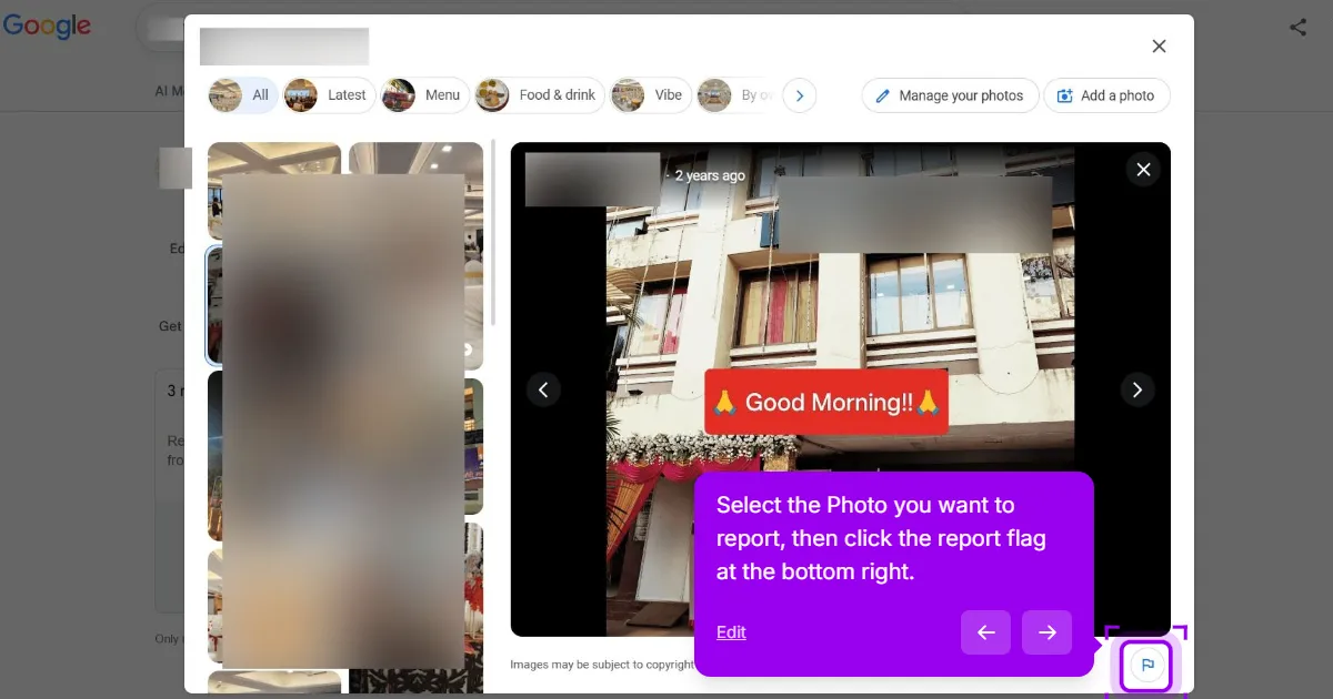Google's photo viewer showing a customer-uploaded photo of a storefront, with the report flag icon highlighted at the bottom right