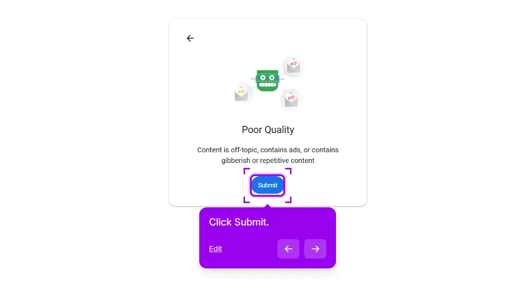 Report content confirmation screen for the Poor Quality reason with the Submit button highlighted