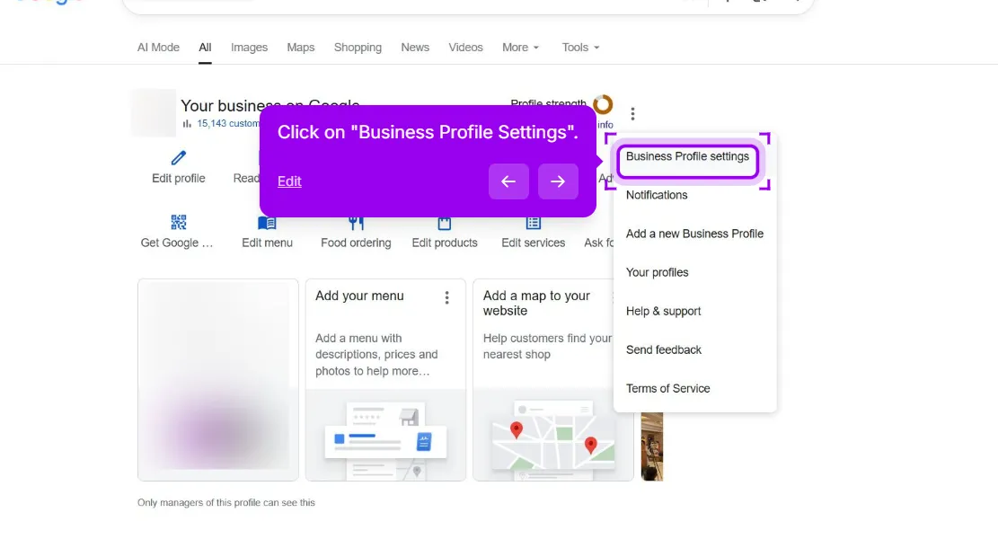 The three-dot menu of a Google Business Profile open, listing Business Profile settings, Notifications, Add a new Business Profile, Your profiles and Help and support, with Business Profile settings highlighted