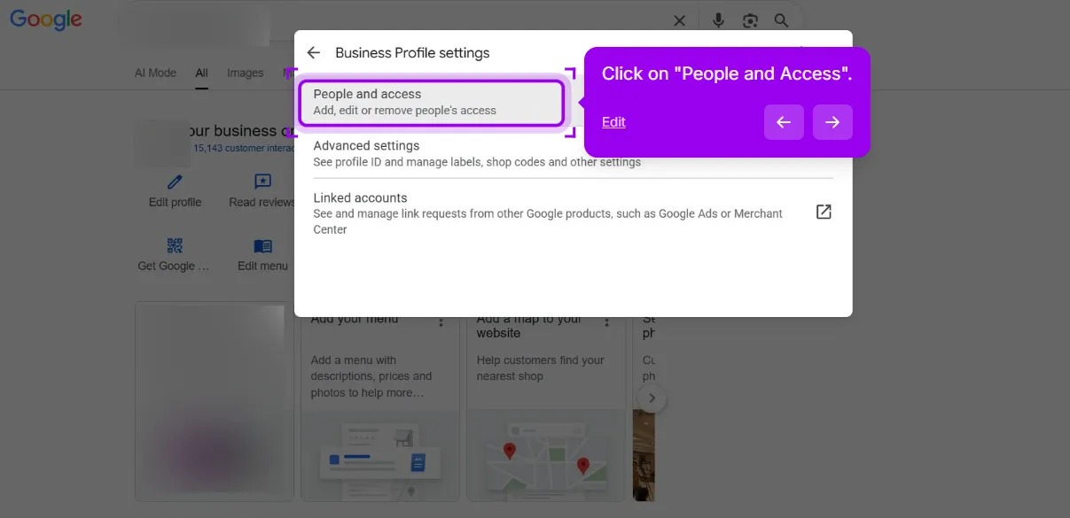 Business Profile settings panel listing People and access, Advanced settings and Linked accounts, with People and access highlighted