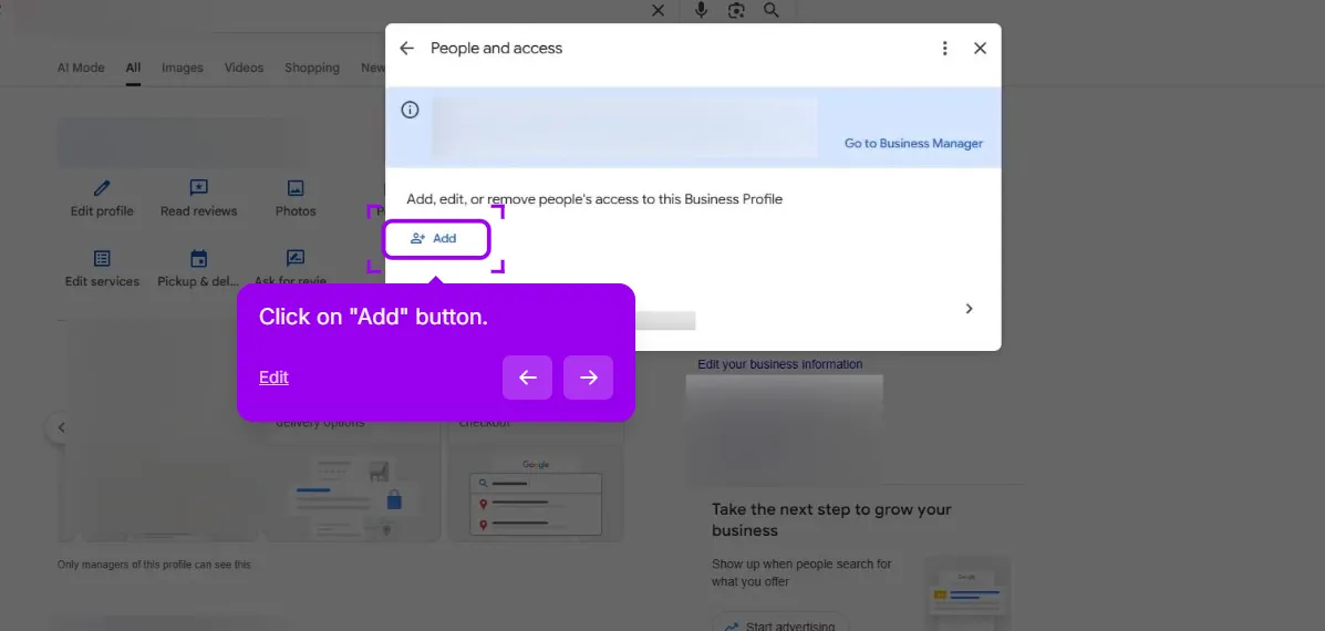 People and access panel of a Google Business Profile with the Add button highlighted above the list of people