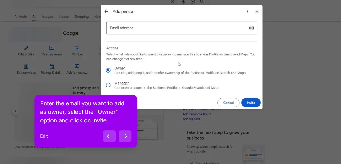 Add person dialog with an Email address field, Owner and Manager access options with Owner selected, and an Invite button