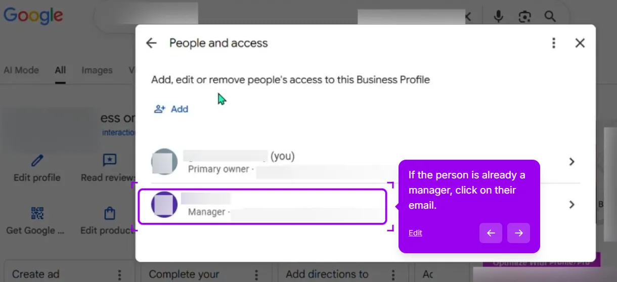 People and access list showing the signed-in Primary owner and a Manager row highlighted