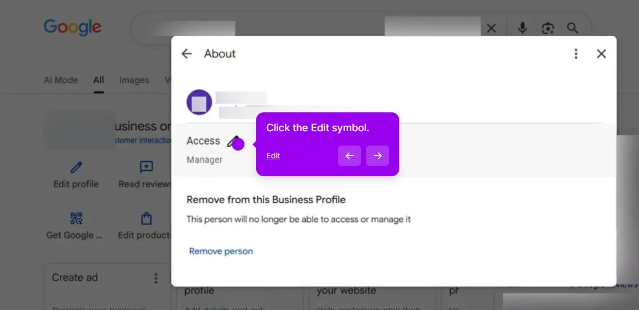 About panel for a manager on a Google Business Profile showing Access set to Manager with the edit pencil icon highlighted, and a Remove person option below