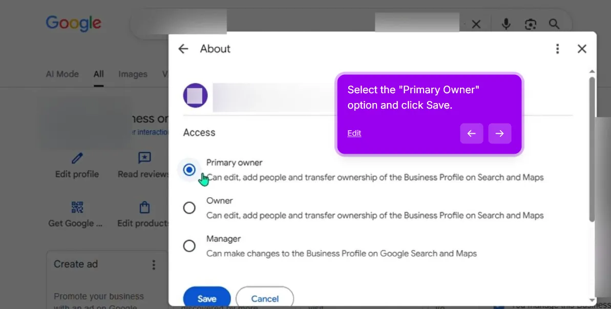 Access options for a person on a Google Business Profile, Primary owner, Owner and Manager, with Primary owner selected and a Save button