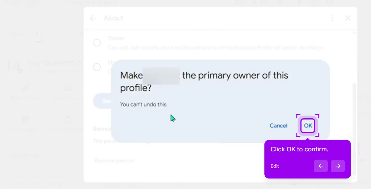 Confirmation dialog asking Make this person the primary owner of this profile? with the note You can't undo this and the OK button highlighted